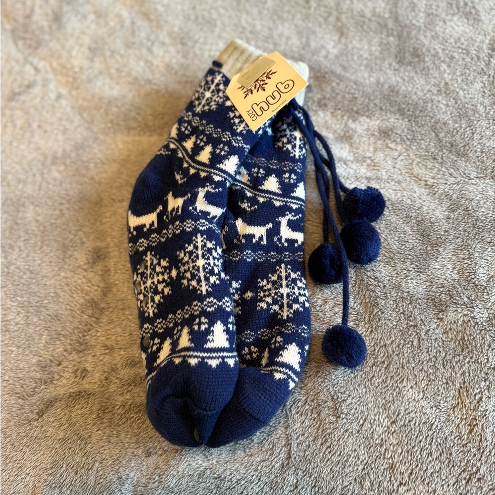 Cozy Hub Blue and White Knit Socks with Reindeer